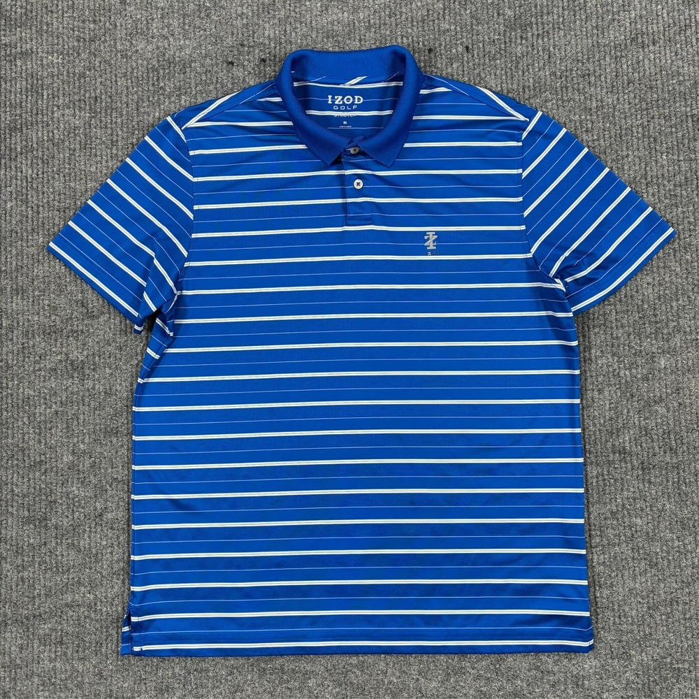 Izod Golf with Stretch Mens Polo Shirt Size Medium Blue Striped Short Sleeve